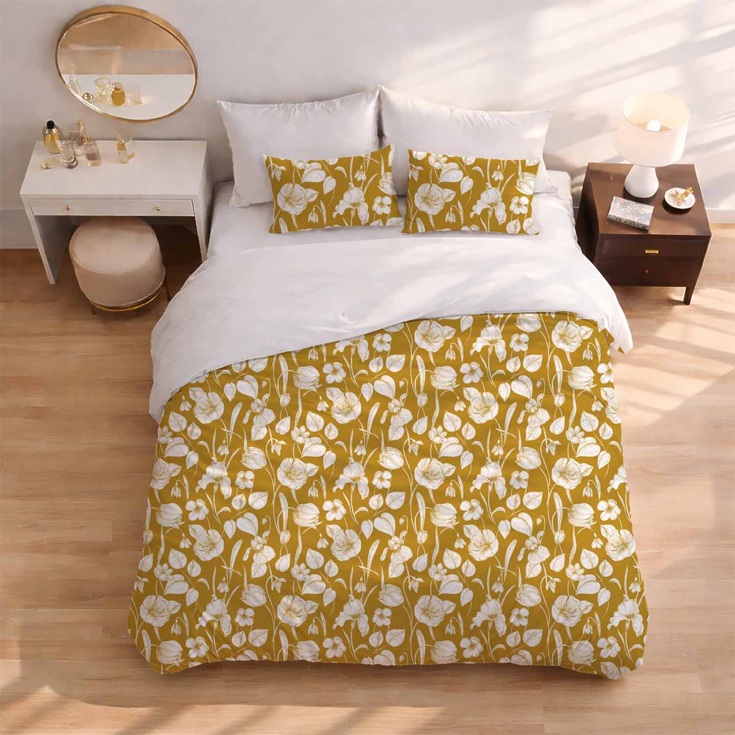 Delikatne ilustracje kwiatów na ciepłym tle - pattern - bedding_mockup